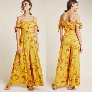 Anthropologie Londonderry mustard wide leg floral strap off shoulder jumpsuit 0